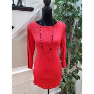 Kenneth Cole Women's Red Beaded Rayon Round Neck Long Sleeve Top Blouse Medium
